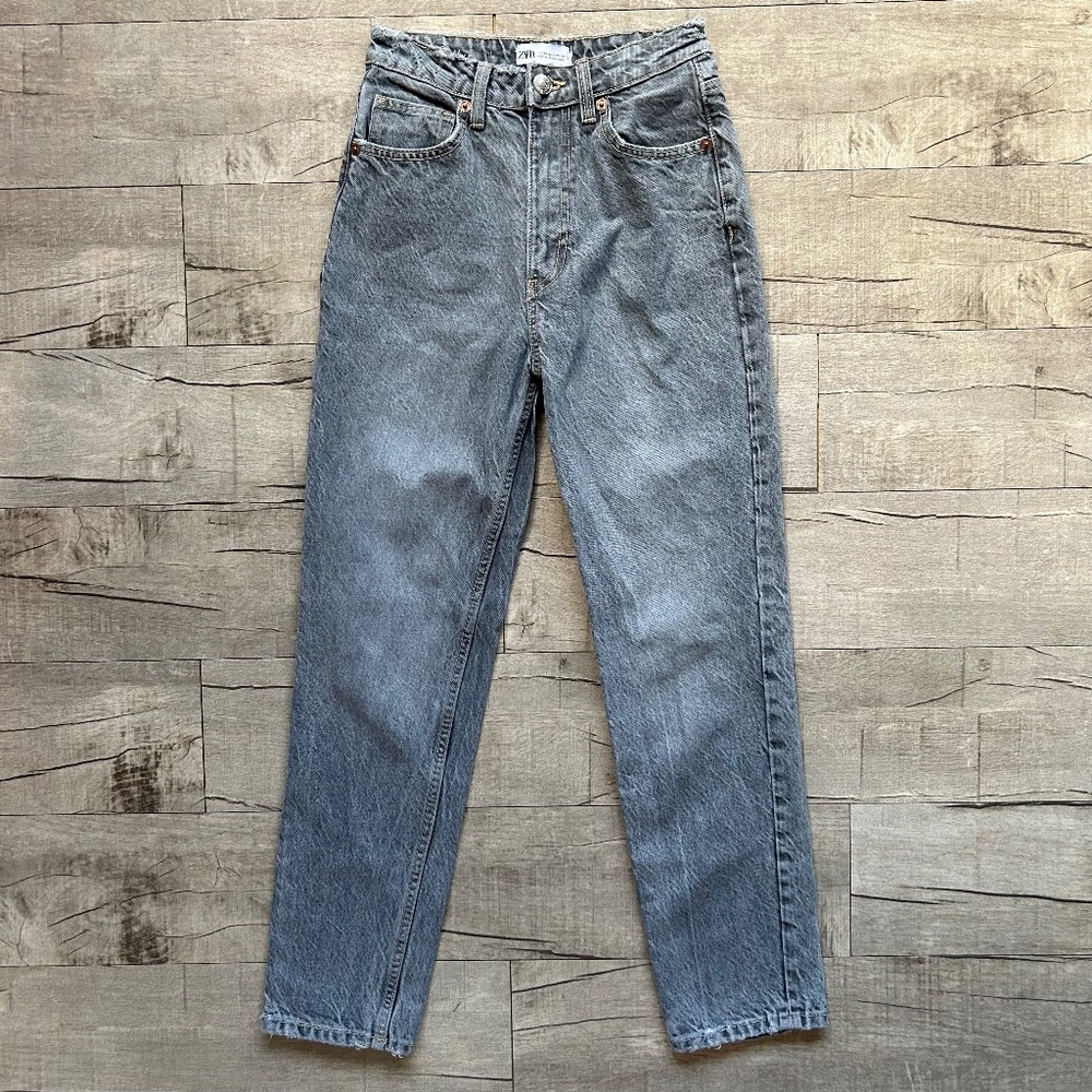 Zara High Rise Mom Jeans 100% Cotton Charcoal Gray Denim Straight 90s Jeans 2